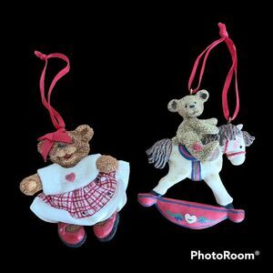 Kurt Adler Holly Bearies Vintage Girl and Boy Teddy Bear Rocking Horse Ornaments